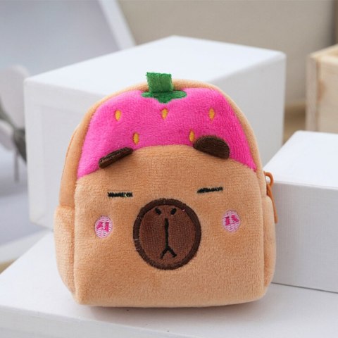 Portfelik Pluszowy Z Brelokiem Kapibara Truskawka Różowa 9,5 x 8 cm