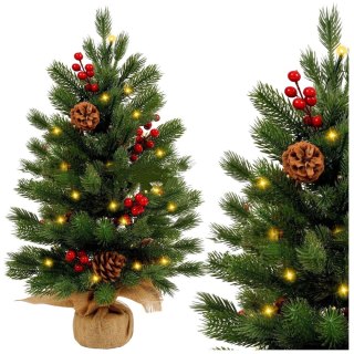 Choinka Ozdobna Dekoracyjna Sztuczna Czerwona Jarzębina Lampki LED 60 x 20 cm