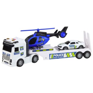 Zestaw Policyjny Ciężarówka Laweta Auto Helikopter Światła Dźwięk