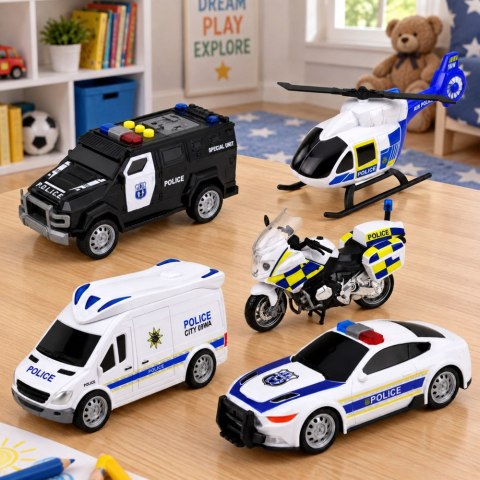 Zestaw Policyjny Pojazdy Helikopter Motocykl Auto Radiowóz 1:32 5 szt.